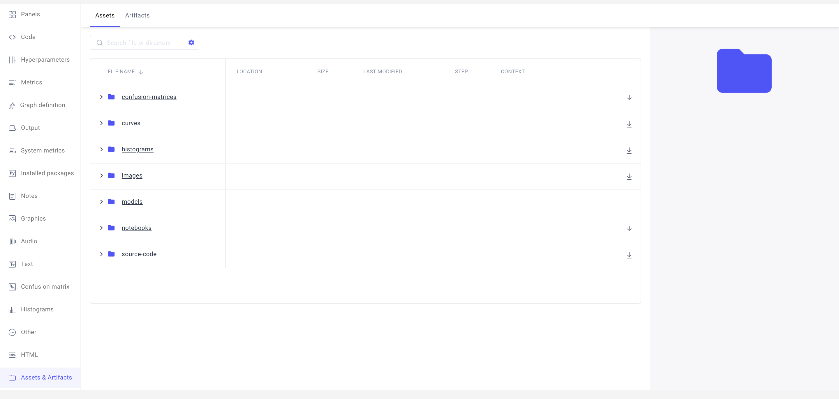 Example of Assets & Artifacts tab